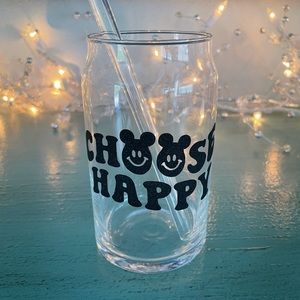 Handmade 16oz glass with glass straw / choose happy 🙂